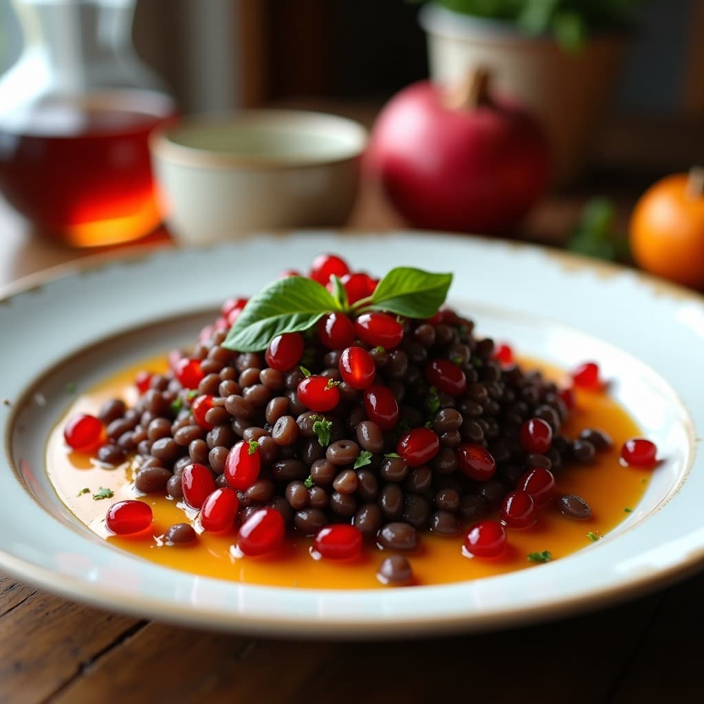 Bowl de cerámica blanca con ensalada de lentejas beluga negras, semillas de granada rojas brillantes, cebolla morada, apio y hinojo fresco, decorado con almendras fileteadas y hojas de menta. Aliño de naranja sanguina vertido sobre el plato, con fondo de madera rústica y luz natural.