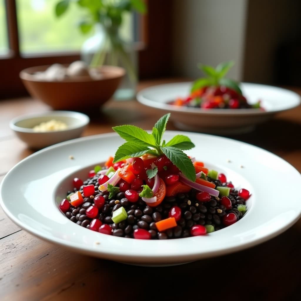 Ensalada de Lentejas Beluga con Granadas: Receta Persa Fresca y Alta en Fibra