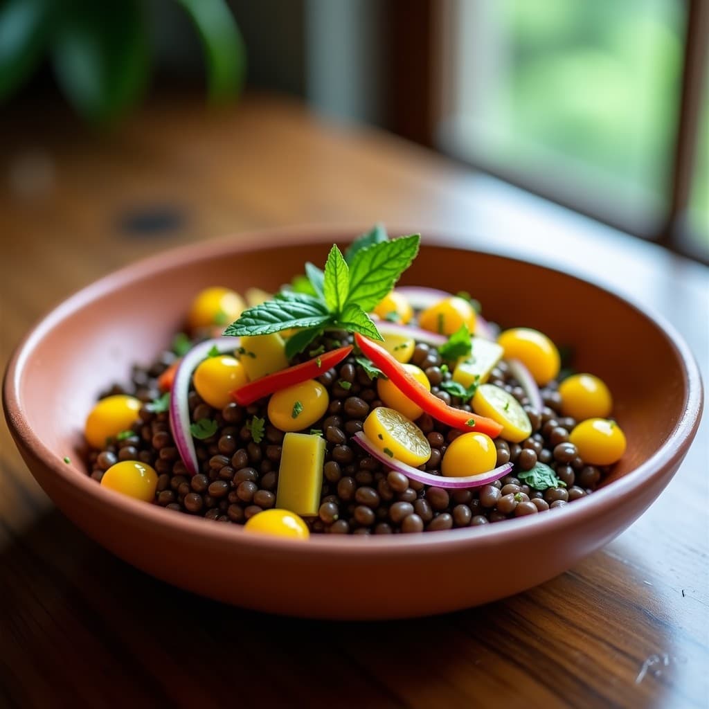 Ensalada fresca de lentejas beluga oscuras con pulpa de granadilla amarilla, cebolla morada, pimiento rojo y cilantro, servida en un bol de barro con aderezo de limón y ají, receta colombiana alta en hierro y proteína.