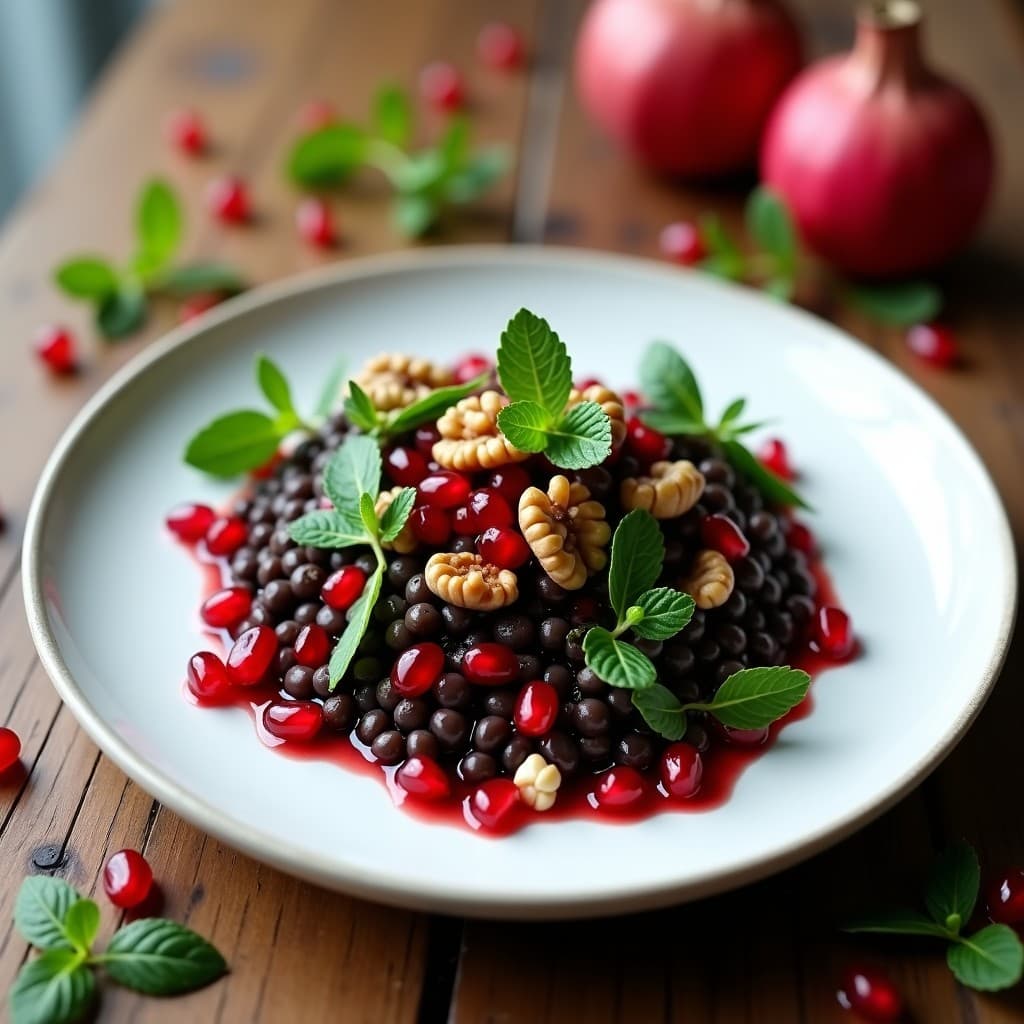 Ensalada de lentejas beluga negras con semillas de granado rojo brillante, cebolla morada, apio verde y almendras fileteadas doradas, servida en un plato blanco con vinagreta de menta fresca y queso feta vegano desmenuzado.