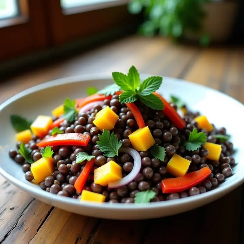 Ensalada vegana colombiana con lentejas beluga negras, granitos de lulo amarillos, cebolla morada, pimiento rojo y hierbas frescas, servida en un plato blanco rústico con semillas de sésamo espolvoreadas.