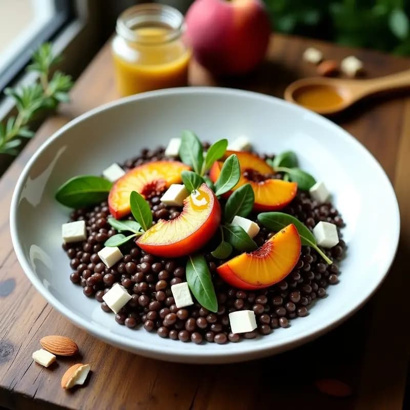 Bowl blanco con ensalada de lentejas beluga oscuras, melocotones asados dorados, queso feta desmenuzado, almendras laminadas y vinagreta de mostaza. Plato colorido y fotogénico con contraste dulce-salado.