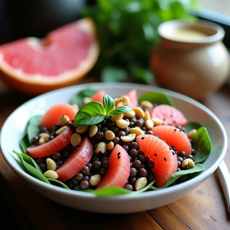 Ensalada fresca de lentejas beluga negras con trozos de pomelo rosa, cebolla morada, espinacas baby y anacardos tostados, bañada en una vinagreta cremosa de yogur de coco y cilantro, servida en un bol de cerámica blanca sobre fondo rústico de madera.