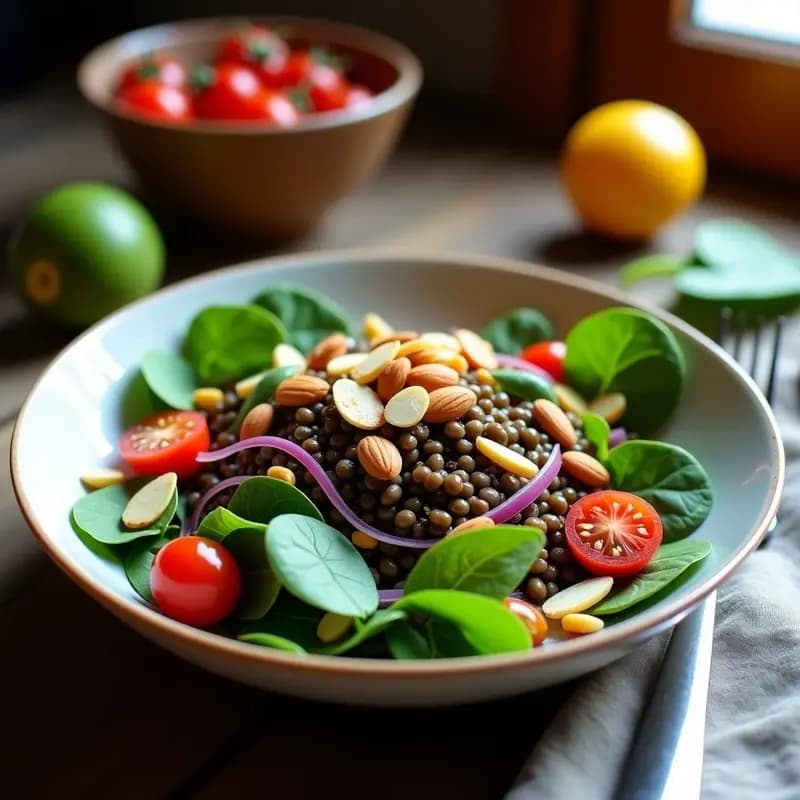 Ensalada fresca de lentejas pardinas y espinacas verdes con tomates cherry, cebolla morada y apio, bañada en vinagreta agridulce y decorada con almendras fileteadas.