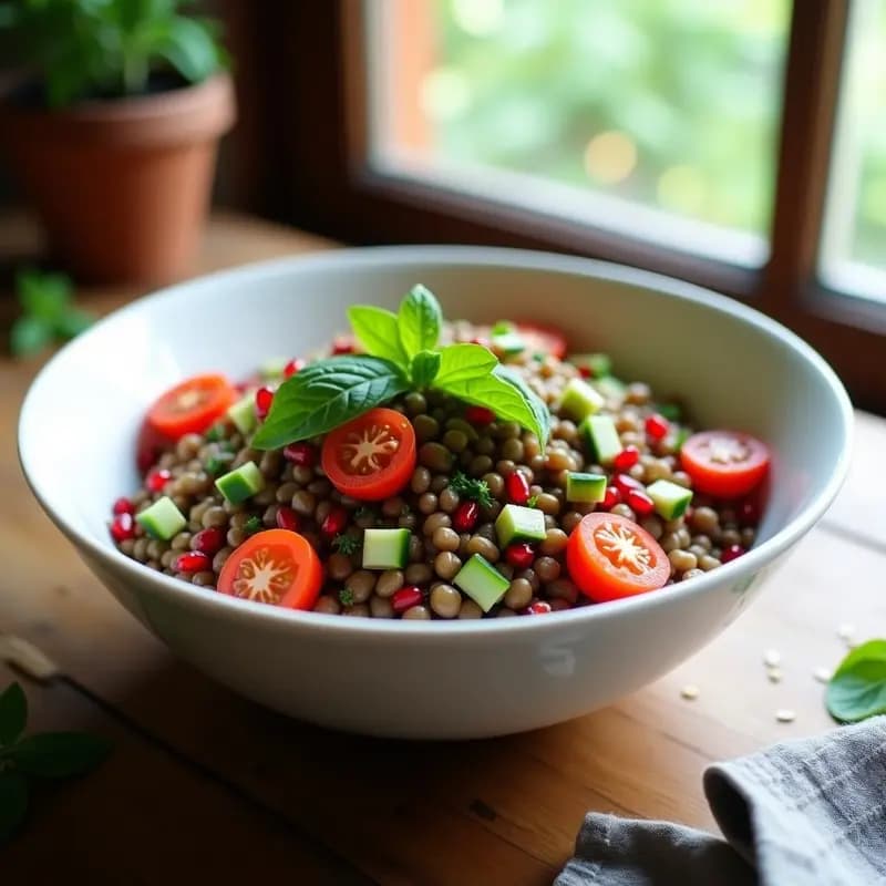 Ensalada iraní vegana y depurativa de lentejas pardinas con semillas de granada rojas brillantes, menta fresca verde, pepino y tomates cherry, servida en un bol de cerámica blanca con aderezo de agua de rosas y limón seco.