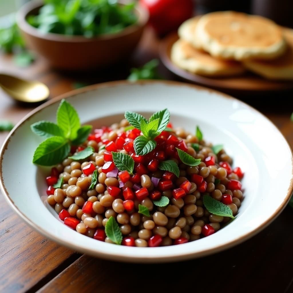Ensalada libanesa colorida en un bol de cerámica blanca, con lentejas pardinas, semillas de granado rojo intenso, menta fresca verde, cebolla morada y nueces tostadas, bañada en una vinagreta dorada. Plato fresco y vibrante.