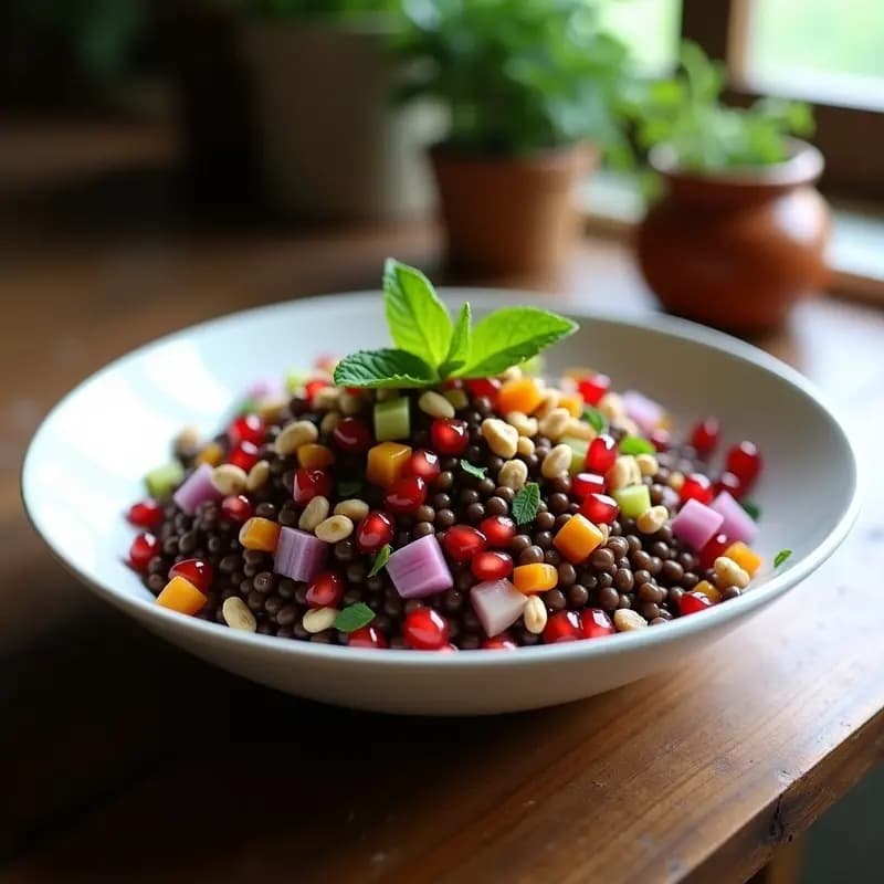 Ensalada persa fresca de lentejas beluga negras y semillas de granado rojo vibrante, con cebolla morada caramelizada, almendras tostadas y vinagreta de naranja y canela, servida en un bol de cerámica blanca con decoración de perejil fresco.