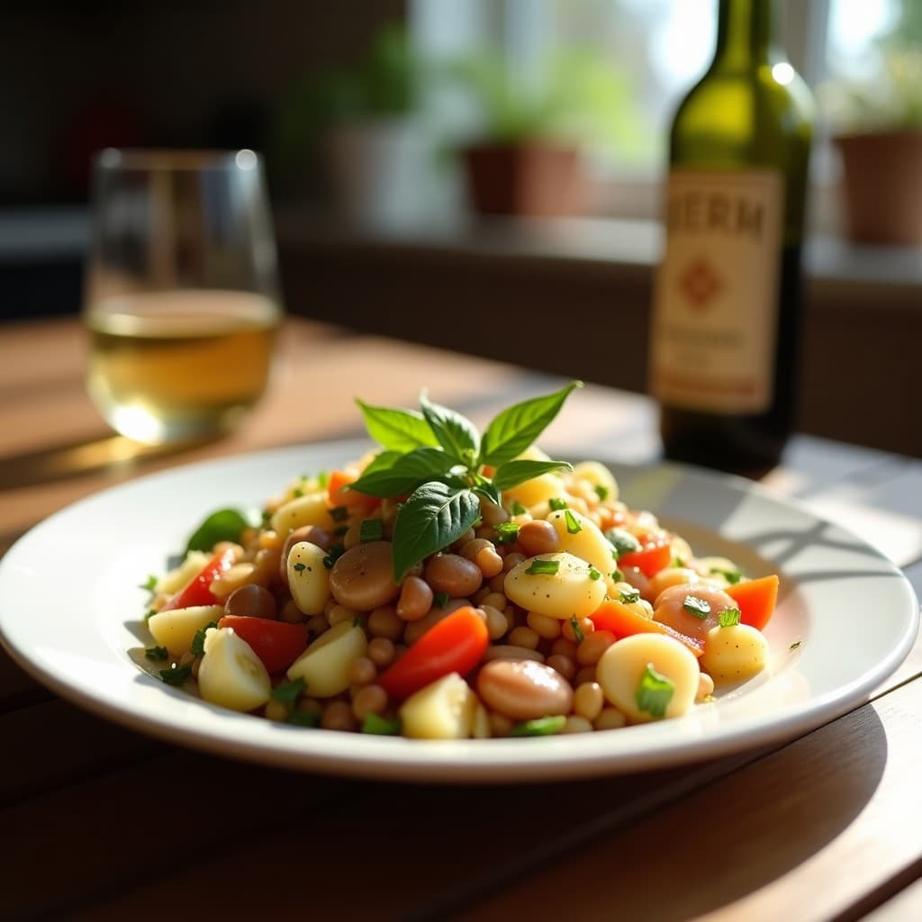 Ensalada fría de lentejas pardina con algas dulse, cebolla morada, apio y zanahoria, bañada en vinagreta de sidra. Plato vegano, marina y alta en proteína, servida en bol de cerámica blanca sobre fondo rústico de madera.