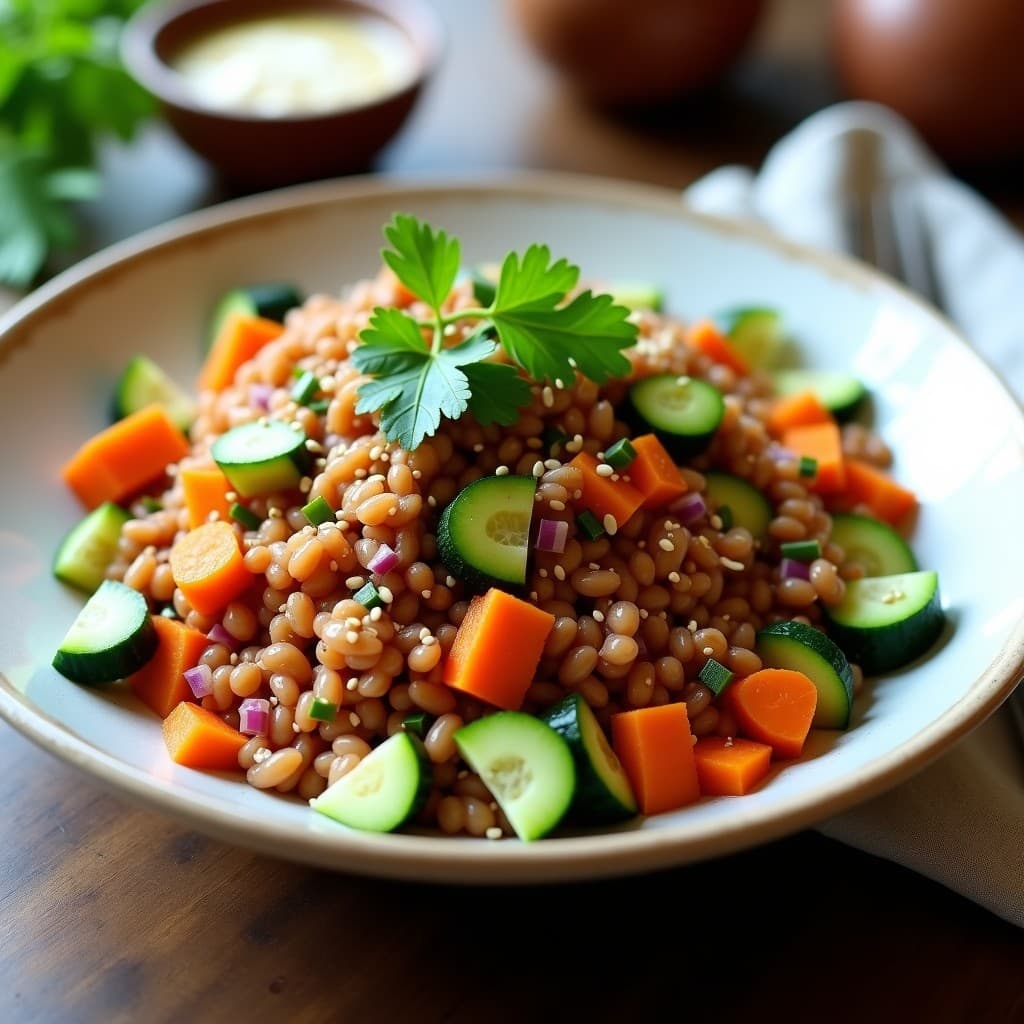 Ensalada fresca de lentejas rojas con trozos de pepino, zanahoria rallada y cebolla morada, bañada en vinagreta dorada de tamarindo y cilantro, decorada con semillas de sésamo tostadas y hojas de cilantro. Plato vegano, colorido y lleno de texturas.