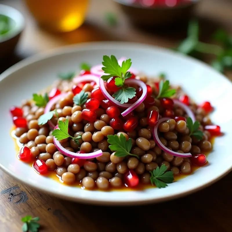 Ensalada fresca de lentillas pardinas cocidas, semillas de granado rojas brillantes y cebolla morada en juliana, servida en un bol blanco con vinagreta de sumac y perejil picado. Plato colorido, saludable y depurativo típico de la cocina libanesa.