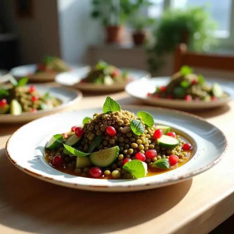 Ensalada persa de lentillas verdes con semillas de granada rojas, trozos de pepino y cebolla morada, bañada en una vinagreta dorada. Decorada con hojas frescas de menta y semillas de comino sobre un plato blanco rústico con fondo de madera clara.