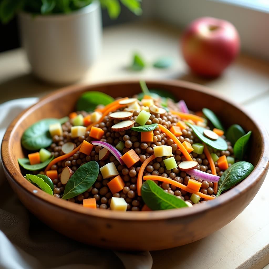 Ensalada colorida en bol de cerámica blanca con lentillas doradas, zanahoria rallada, cebolla morada y rúcula fresca, bañada en vinagreta de mostaza y miel, decorada con almendras fileteadas tostadas.