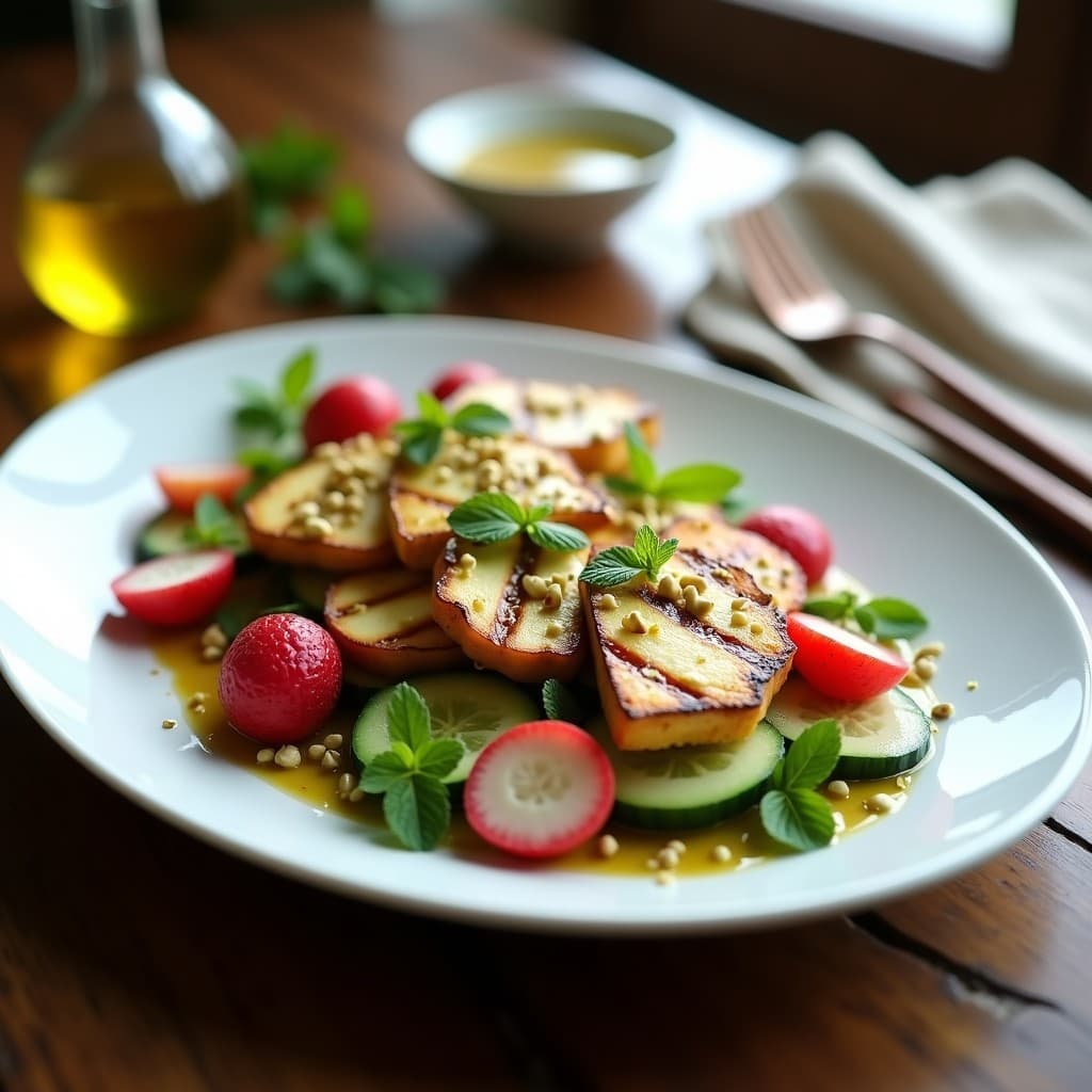 Plato blanco ovalado con ensalada de lichi rosado brillante, rodajas doradas de queso halloumi a la plancha, pepino persa en medias lunas verdes y pistachos tostados espolvoreados. Vinagreta dorada de miel y mostaza brillando sobre los ingredientes, con hojas de menta fresca como decoración. Receta griega dulce-salada.