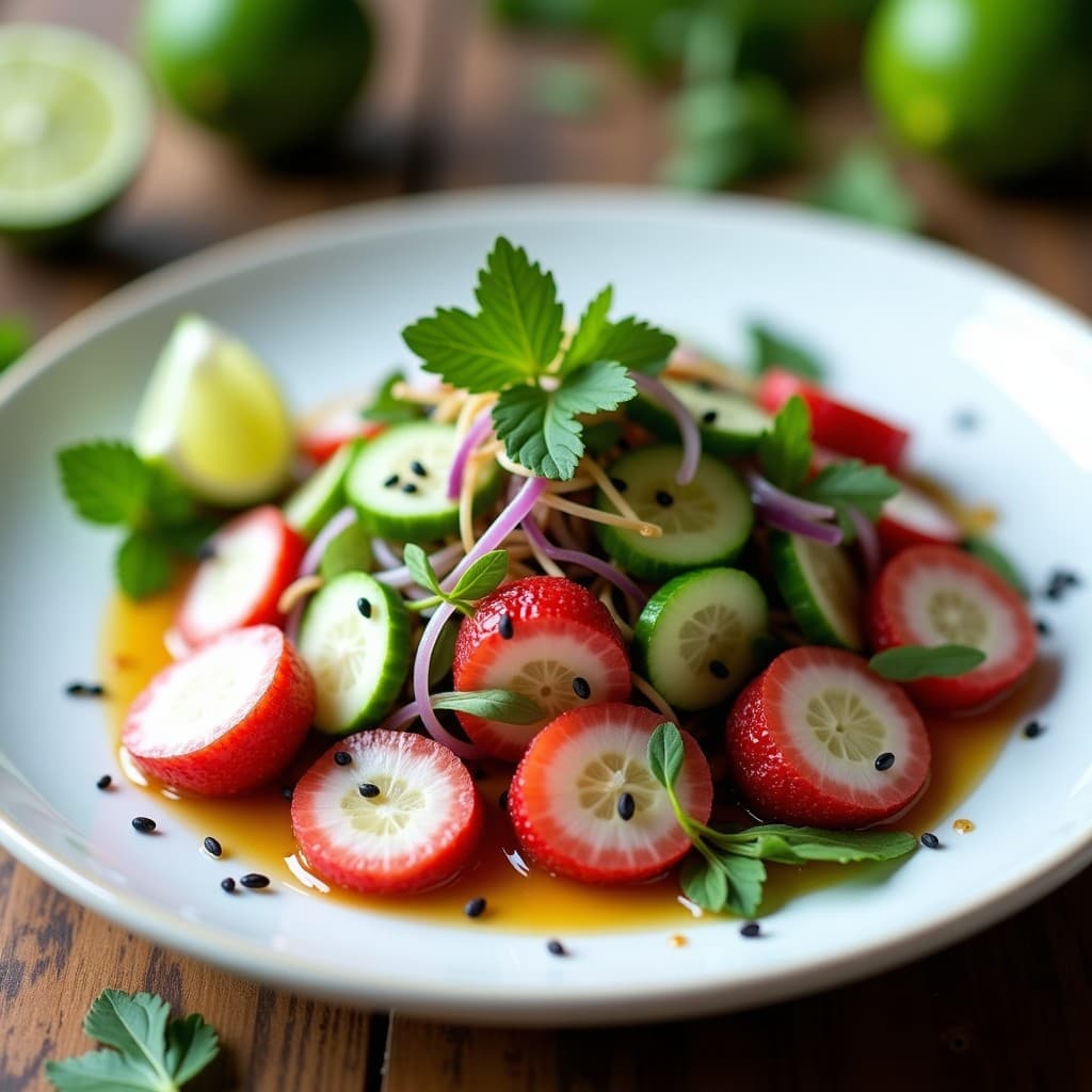Ensalada tailandesa fresca con trozos de litchis rosados, rodajas de pepino persa, cebolla morada y hierbas verdes, bañada en un aliño dorado de limón kaffir. Decorada con semillas de sésamo negro y pimienta rosa sobre un plato blanco con fondo de madera rústica.