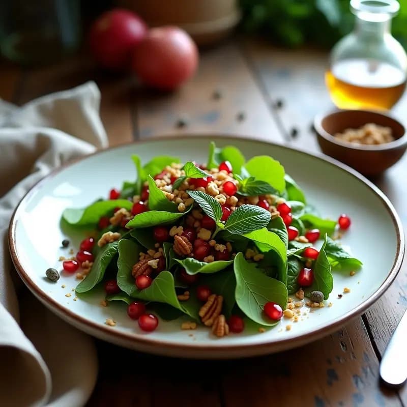 Ensalada romana antigua en plato de cerámica blanca con hojas de lúculo verde oscuro, granos de granada rojo intenso y nueces de pecana tostadas, bañada en aderezo dorado de vinagre de dátiles. Decorada con hojas de menta fresca y alcaparras. Fondo rústico con luz natural.