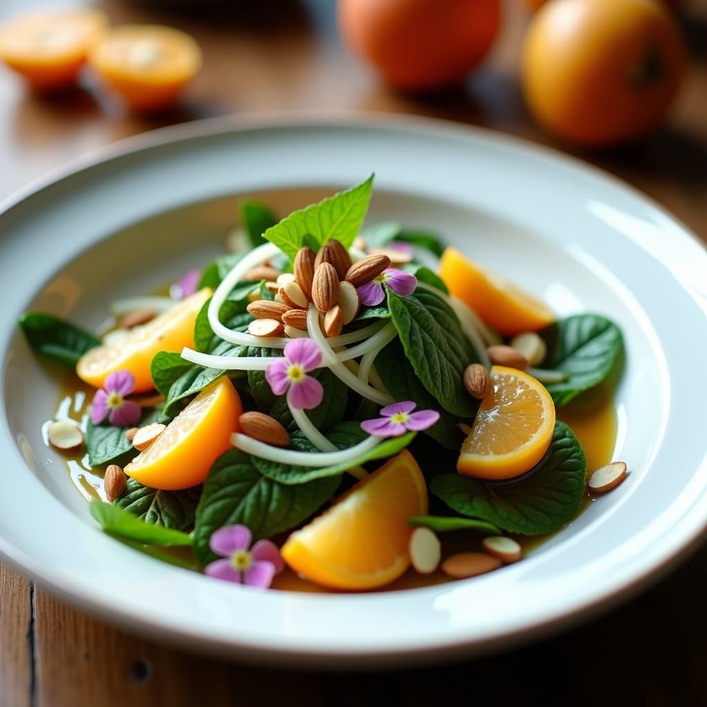 Ensalada romana antigua vegana en plato de cerámica blanca, con rodajas finas de lúculo, gajos de níspero dorado, cebolla morada en juliana, almendras tostadas y hojas de menta fresca. Vinagreta de vinagre de sidra brillando sobre los ingredientes, decorada con flores comestibles.