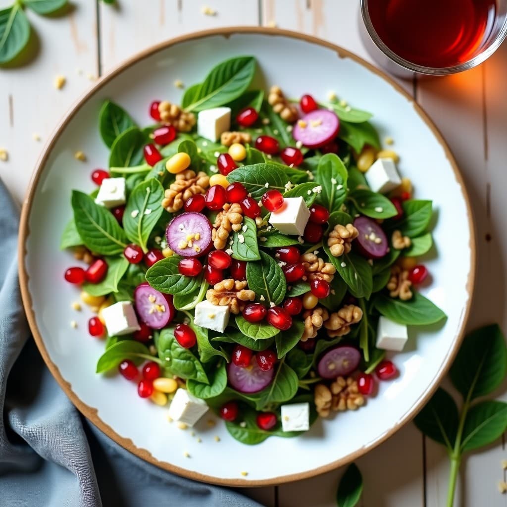 Ensalada fresca de mache y granada con vinagreta de vinagre balsámico y mostaza, decorada con nueces tostadas, queso de cabra desmenuzado y hojas de menta en un plato blanco rústico con fondo de madera clara.
