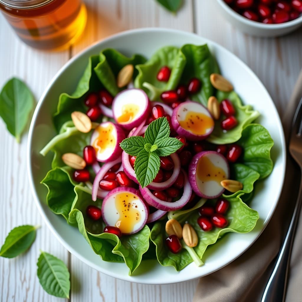 Ensalada fresca de mache y granos de granada rojos brillantes en un bol blanco, con cebolla morada en juliana, semillas de calabaza doradas y hojas de menta. Vinagreta dorada de vinagre de sidra y miel de eucalipto vertida sobre las hojas. Plato elegante sobre fondo de madera clara.
