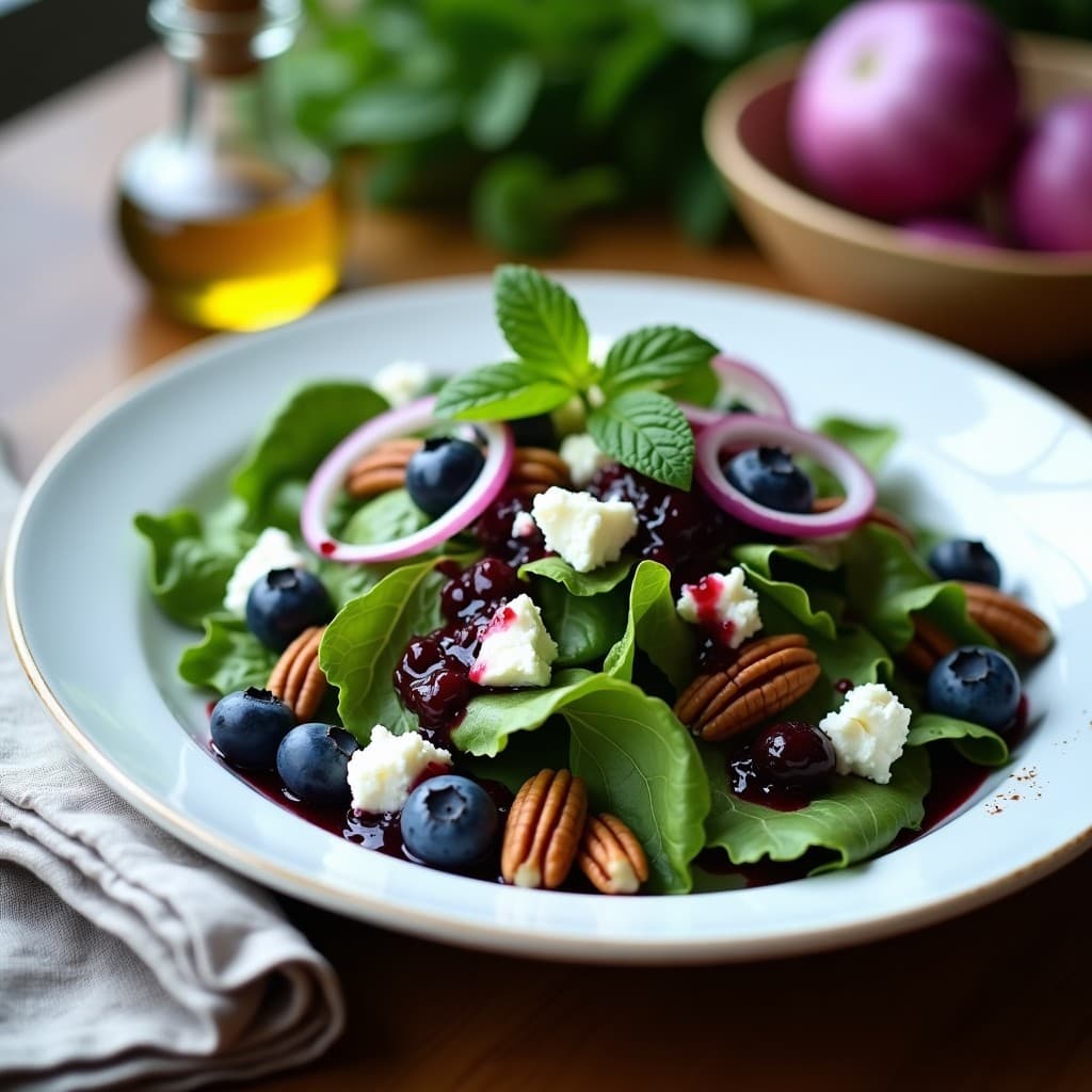 Ensalada gourmet francesa en plato blanco: hojas de mache fresco, nueces de pecana tostadas doradas, arándanos frescos y queso de cabra desmenuzado, bañada con vinagreta de arándanos de color violeta intenso. Decorada con hojas de menta y cebolla morada en juliana.