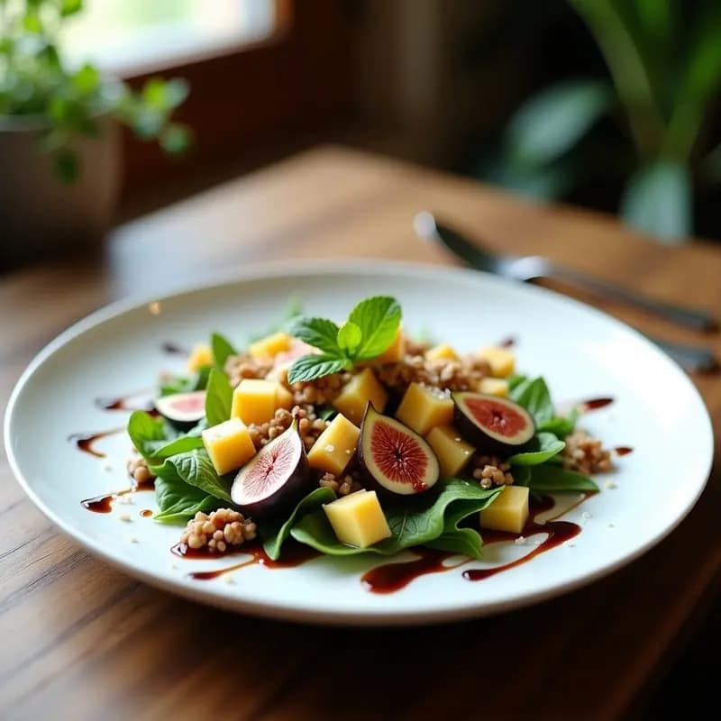 Ensalada gourmet española en plato blanco con base de canónigos frescos, dados de queso Machego, higos asados dorados y nueces tostadas. Bañada con reducción brillante de vinagre de Módena y decorada con hojas de menta.