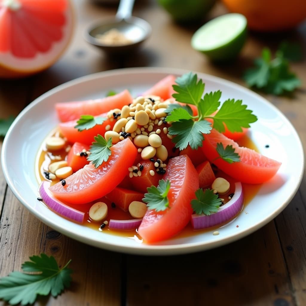 Ensalada tailandesa depurativa en plato blanco hondo con gajos de pomelo rosa, cebolla morada, pimiento rojo, cacahuates picados y semillas de sésamo negro, bañada en aderezo de limón kaffir y decorada con cilantro fresco.