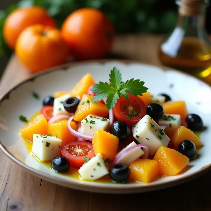 Ensalada malagueña de naranja amarga y bacalao servida en un plato blanco hondo, con rodajas de naranja amarga, trozos de bacalao desmenuzado, cebolla morada, aceitunas negras y apio fresco, aliñada con aceite de oliva y decorada con perejil.