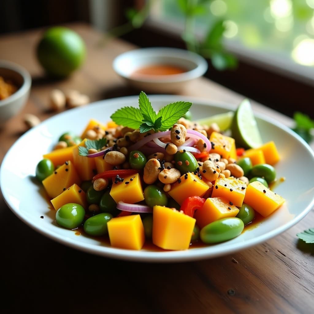 Ensalada tailandesa colorida en bol de cerámica blanca con mango en cubos dorados, edamame verde, cacahuetes tostados, cebolla morada y pimiento rojo, decorada con hojas de menta y cilantro, aderezo brillante y semillas de sésamo negro.