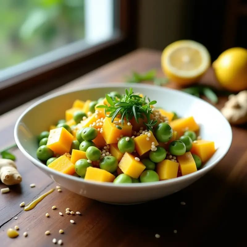 Ensalada fresca de mango maduro en cubos y edamame verde, bañada con vinagreta de miso blanco cremosa, espolvoreada con sésamo tostado y cebollino picado. Plato blanco sobre fondo rústico de madera con limón y jengibre al lado.