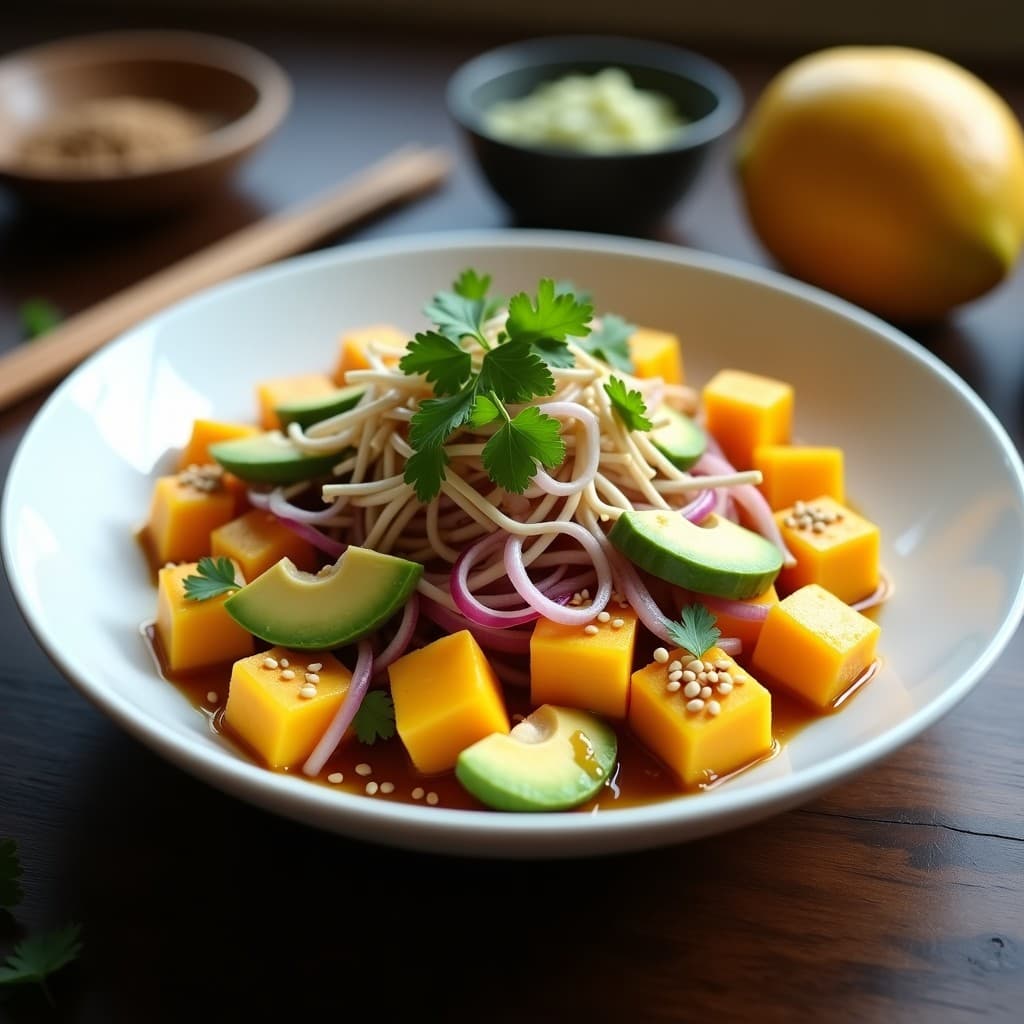 Ensalada fusion japonés-peruana en bol blanco: trozos de ventresca de atún, cubos de mango maduro y aguacate, germinados de soja, cebolla morada y cilantro fresco. Bañada en vinagreta de soja y jengibre, con sésamo tostado espolvoreado.