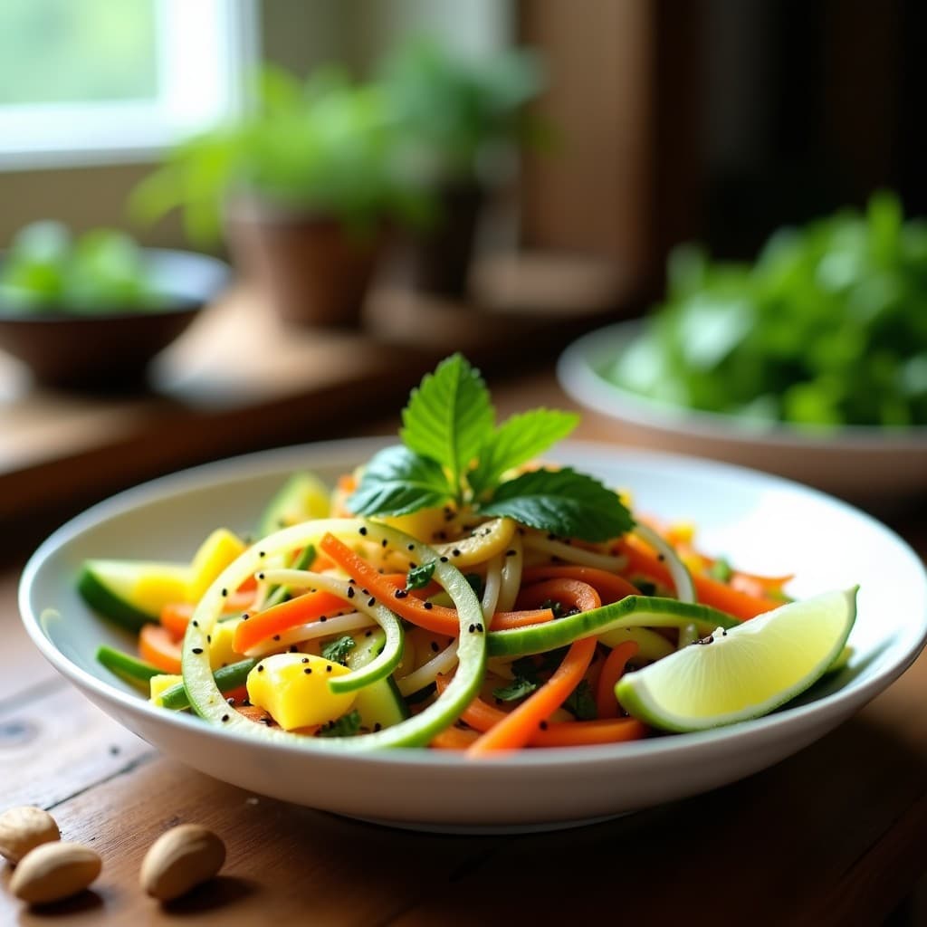Ensalada vietnamita picante y refrescante con mango verde en juliana, zanahoria, pepino, hierba limón y cacahuetes tostados, servida en un bol de cerámica blanca con semillas de sésamo negro y hojas de menta.