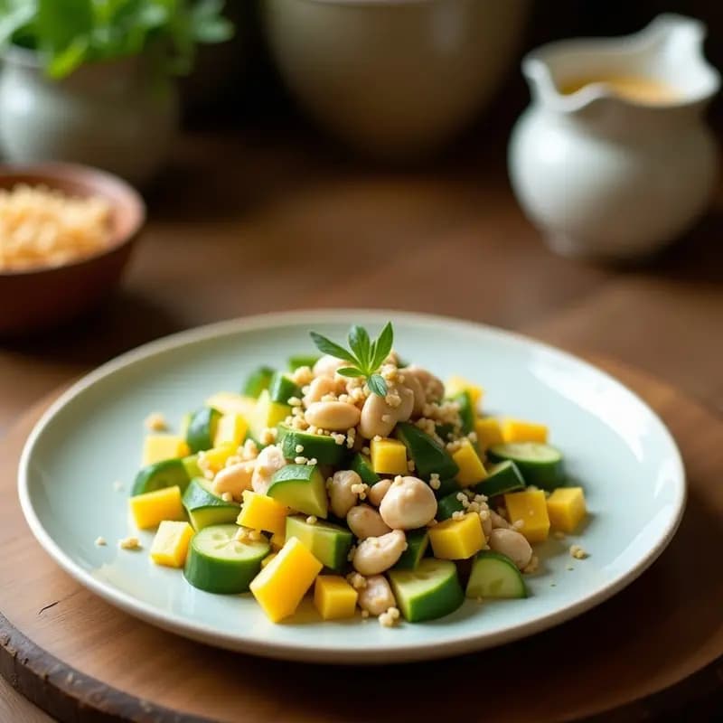 Ensalada tailandesa fresca de mango verde en juliana, cangrejo desmenuzado y cacahuetes tostados, servida en un bol blanco con aderezo cremoso de leche de coco y decorada con cilantro fresco y rodajas de chile verde.