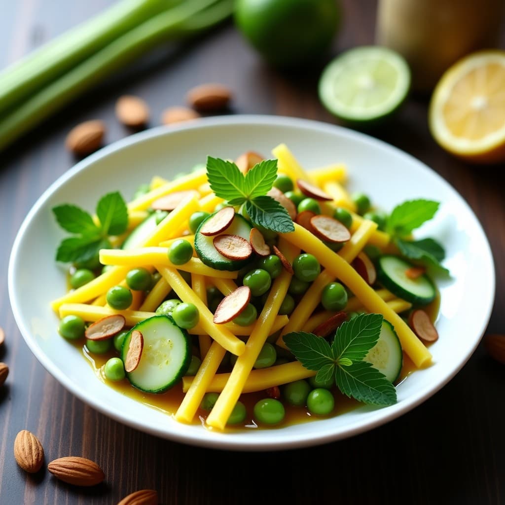 Ensalada vietnamita fresca de mango verde en juliana, edamame, pepino y cebolla morada, decorada con cacahuetes picados y semillas de sésamo negro. Servida en un bol de cerámica blanca con aderezo de cítricos y hojas de menta fresca.