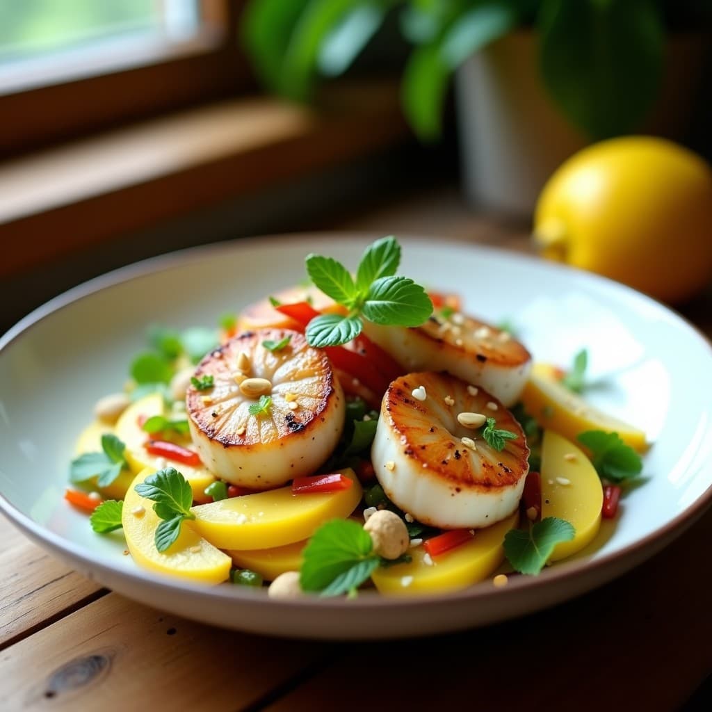 Ensalada tailandesa agridulce en plato blanco hondo, con tiras de mango verde, zamburiñas doradas, cebolla morada, pimiento rojo, almendras tostadas y hojas de cilantro y menta. Vinagreta brillante de limón y cilantro sobre los ingredientes, fondo de madera rústica.