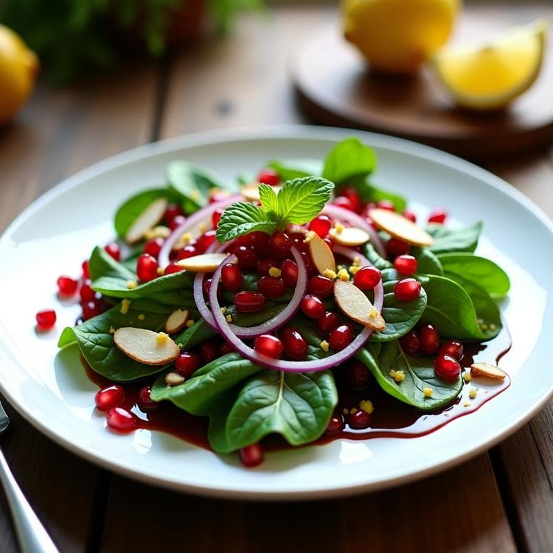 Ensalada fresca de mangold en tiras verdes oscuras, granos de granada rojos brillantes, cebolla morada en juliana, almendras tostadas doradas y hierbabuena esparcida, servida en un plato blanco de cerámica con aderezo de vinagre balsámico oscuro. Receta mediterránea vegana.
