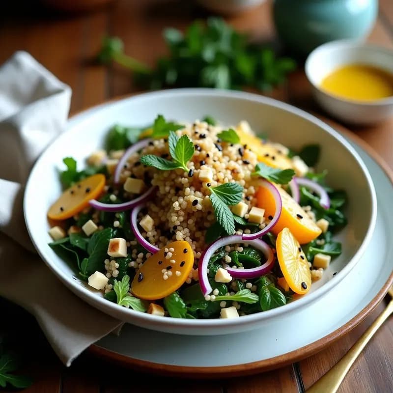 Ensalada fresca de mangold y quinoa con vinagreta de tamarindo, decorada con almendras tostadas y semillas de sésamo negro, servida en un bol de cerámica blanca sobre fondo rústico de madera.