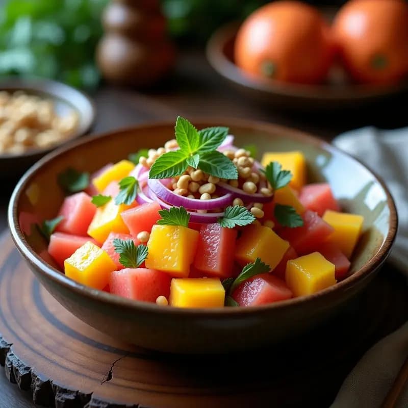 Ensalada fresca de Laos con trozos de mangostán blanco y pomelo rosa en un bol de cerámica, decorada con hojas de menta, cilantro, cebolla morada y cacahuetes tostados. Vinagreta brillante de limón kaffir vertida por encima, con fondo de mesa de madera rústica.