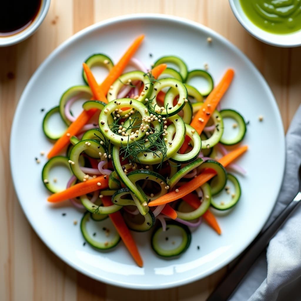 Ensalada crudivegana de mangueras de calabacín en espiral sobre plato blanco, bañadas en vinagreta de wasabi cremosa, con semillas de sésamo negro y cebollino picado. Decorada con algas nori y un toque de jengibre fresco.