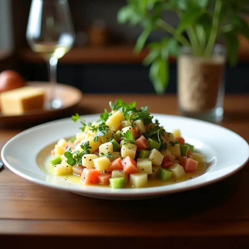Ensalada japonesa marina en bol de cerámica blanca con medusa comestible en tiras transparentes, pepino en juliana, cebolla morada en plumas y vinagreta de sésamo negro. Decorada con algas nori y semillas de sésamo tostadas.