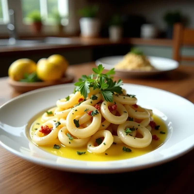 Ensalada de medusa deshidratada rehidratada en tiras finas, mezclada con juliana de pepino, cebolla morada y zanahoria, aliñada con vinagreta de limón y aceite de oliva, espolvoreada con semillas de sésamo tostadas. Plato fresco y colorido típico de la cocina japonesa marina.