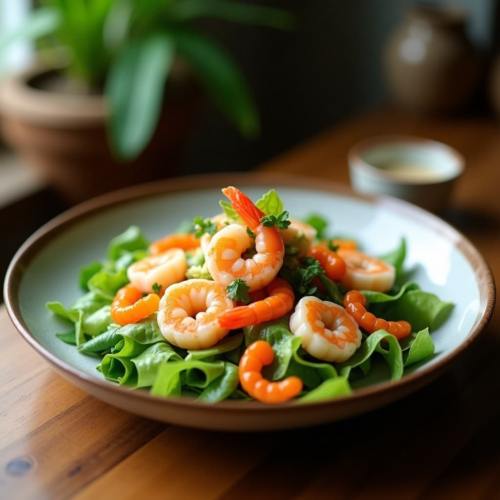 Ensalada tailandesa picante y refrescante con rodajas finas de melón amargo, gambas salteadas rosadas, cebolla morada, pimiento rojo y hierbas frescas, bañada en una vinagreta brillante de tamarindo, decorada con semillas de sésamo tostadas.