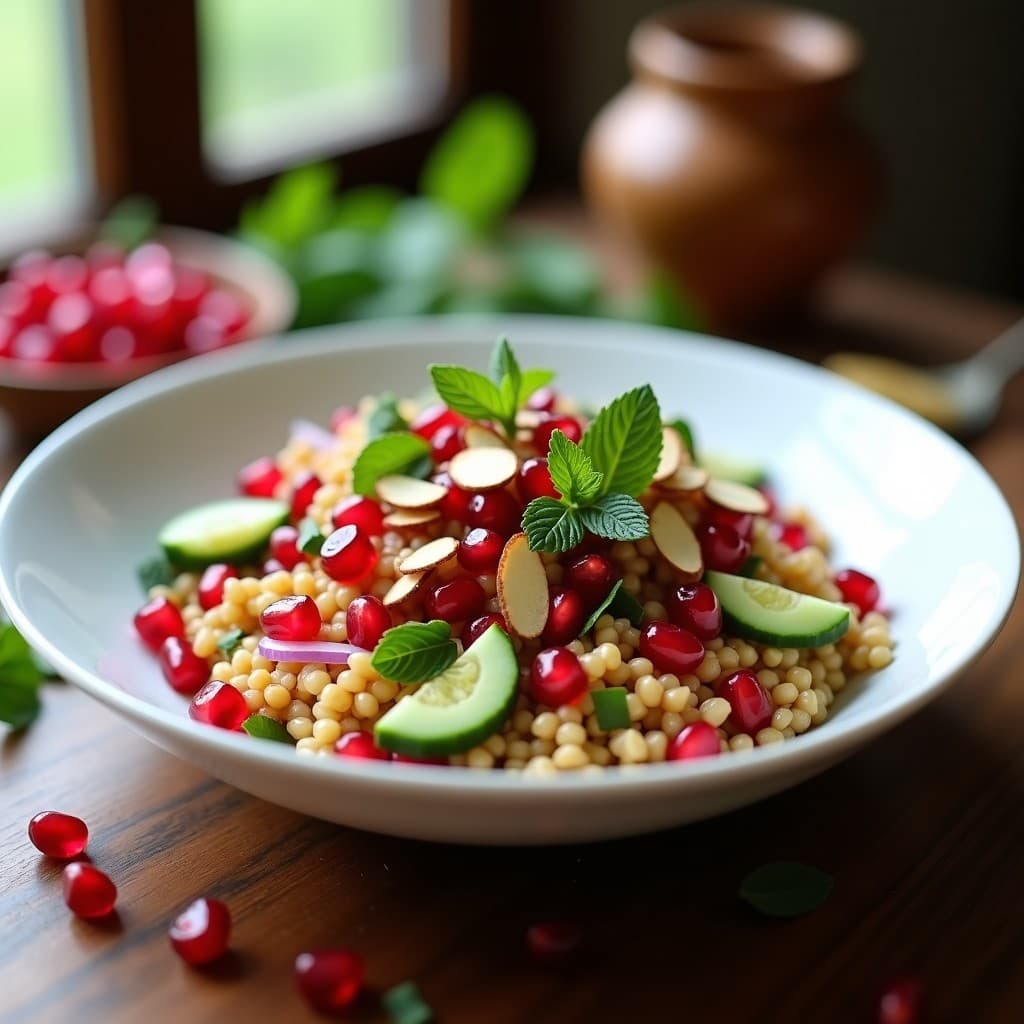 Ensalada persa vegana de mijo tostado, semillas de granada rojas brillantes, apio verde, hinojo blanco y almendras doradas, dispuesta en un plato de cerámica blanca con vinagreta de granada. Fondos de especias como comino y cardamomo.