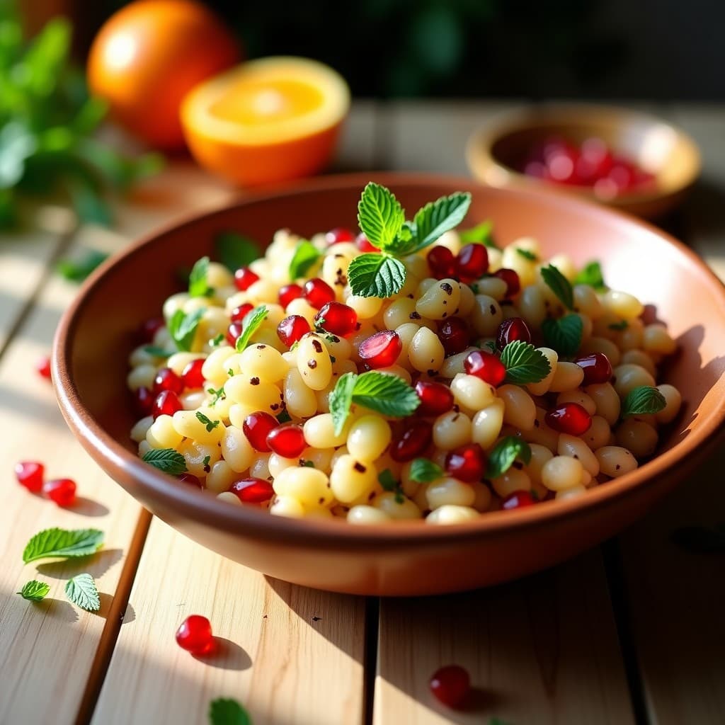Ensalada libanesa vegana de mijo cocido, granos de granada rojos brillantes, cebolla morada en juliana, perejil y menta fresca, con almendras fileteadas tostadas y vinagreta de naranja amarga.