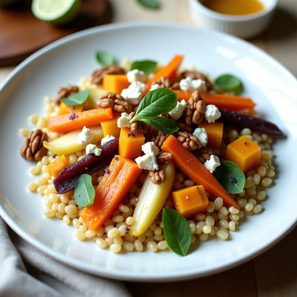 Ensalada francesa de mijo con puerro asado, calabaza confitada, apio nabo, zanahoria morada, nueces tostadas y queso de cabra desmenuzado, regada con aliño de mostaza de Dijon y miel de lavanda.