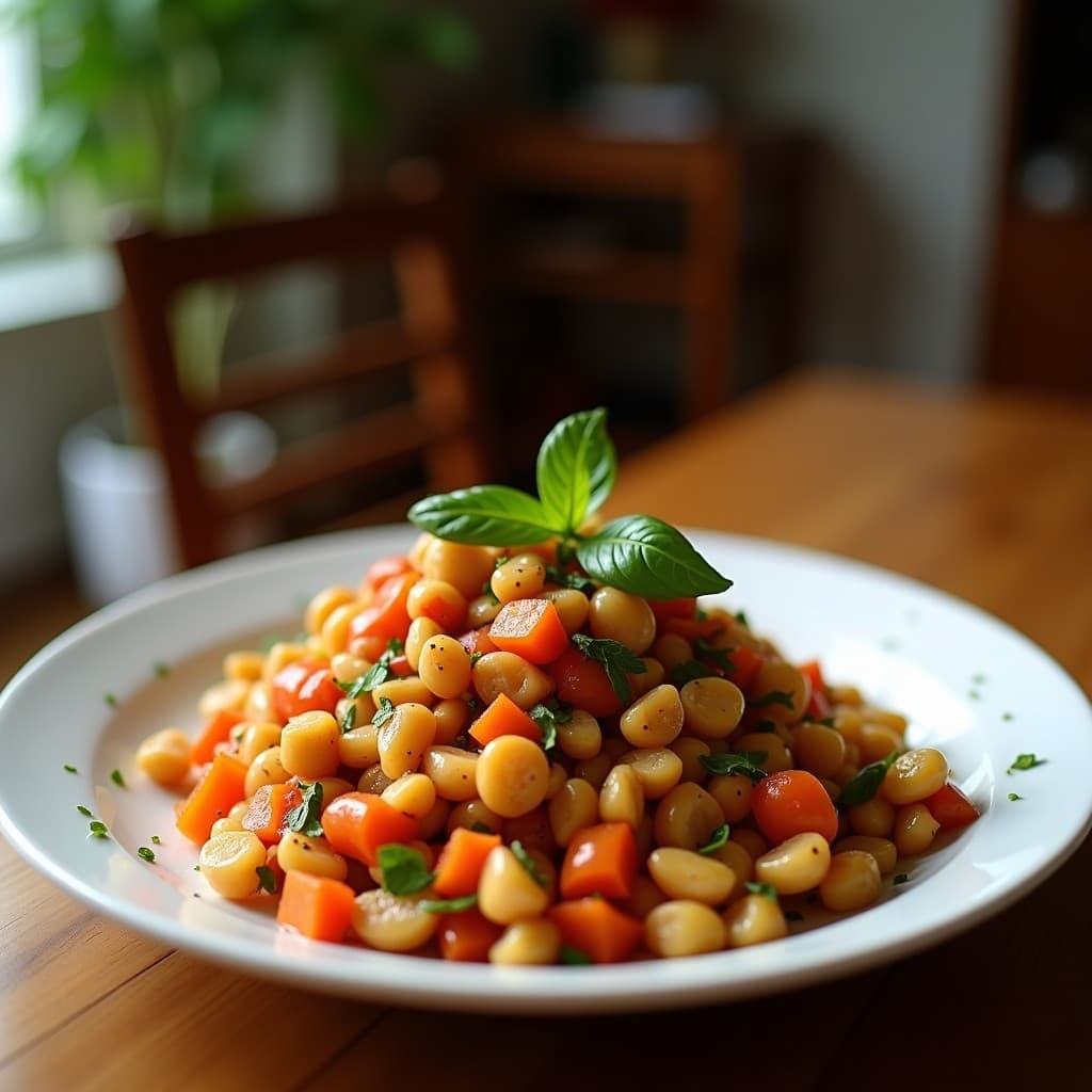 Ensalada de mijo negro y granadas con aderezo de naranja sanguina servida en plato blanco, decorada con gajos de naranja, arilos de granada y almendras tostadas sobre fondo rústico de madera.