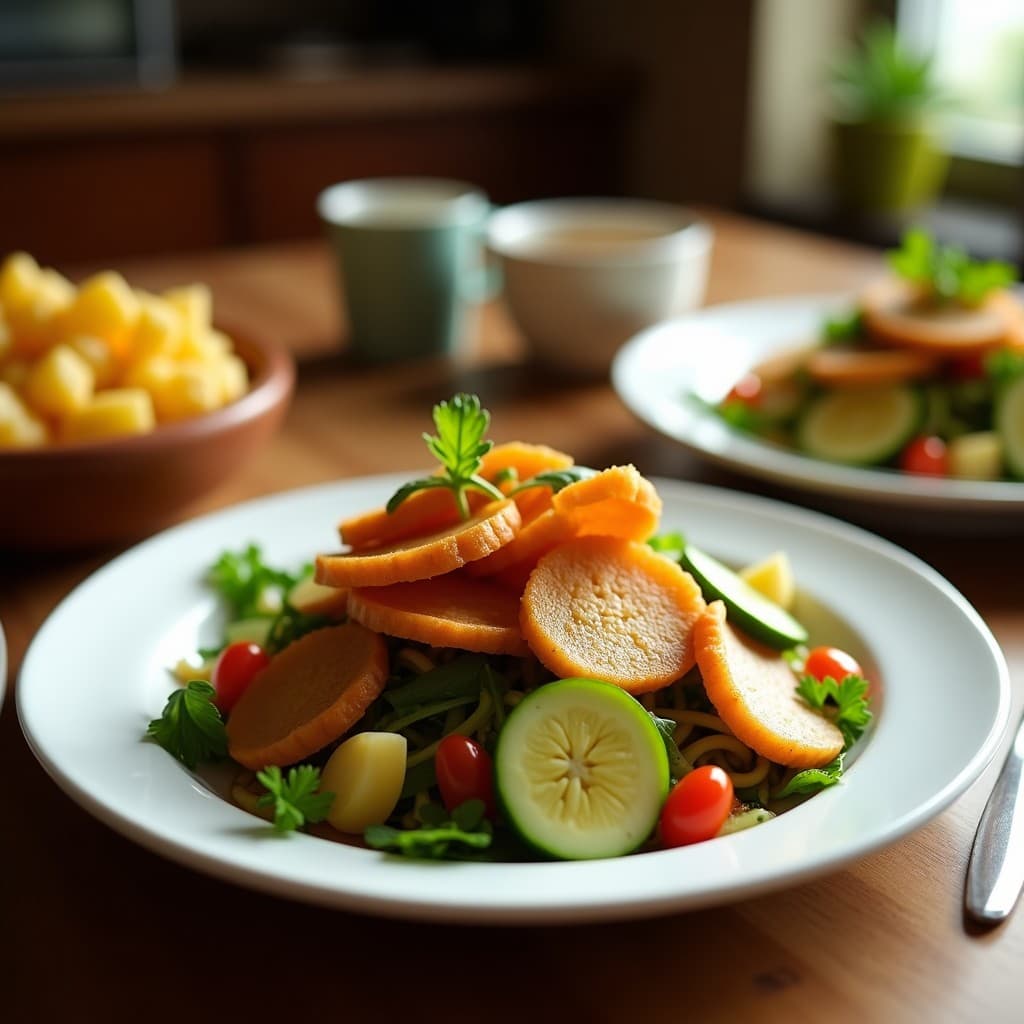 Ensalada de mijo negro con rodajas doradas de higuitos fritos, almendras fileteadas y hierbabuena fresca, bañada en una vinagreta brillante de tamarindo, servida en un plato blanco rústico.