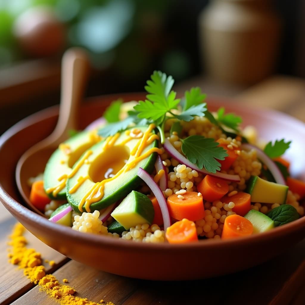 Ensalada colorida en bol de barro con mijo dorado, pepino verde, zanahoria naranja rallada, cebolla morada, aguacate en cubos y semillas de sésamo, bañada en vinagreta amarilla de cúrcuma. Receta vegana y sin gluten de África Occidental.