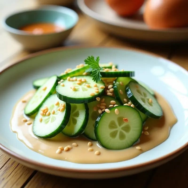 Ensalada fresca de rodajas de pepino con vinagreta cremosa de miso, decorada con semillas de sésamo tostado y cebollino picado sobre un plato blanco rústico.