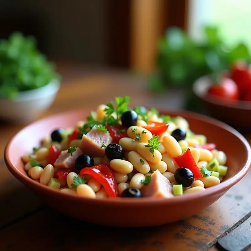 Ensalada cà lla Mongeta catalana en bol de barro blanco: judiones blancos, trozos de ventresca de atún, tiras de pimientos del piquillo rojos, cebolla morada y apio, aliñada con aceite de oliva y perejil fresco. Plato fresco y colorido típico de Cataluña.