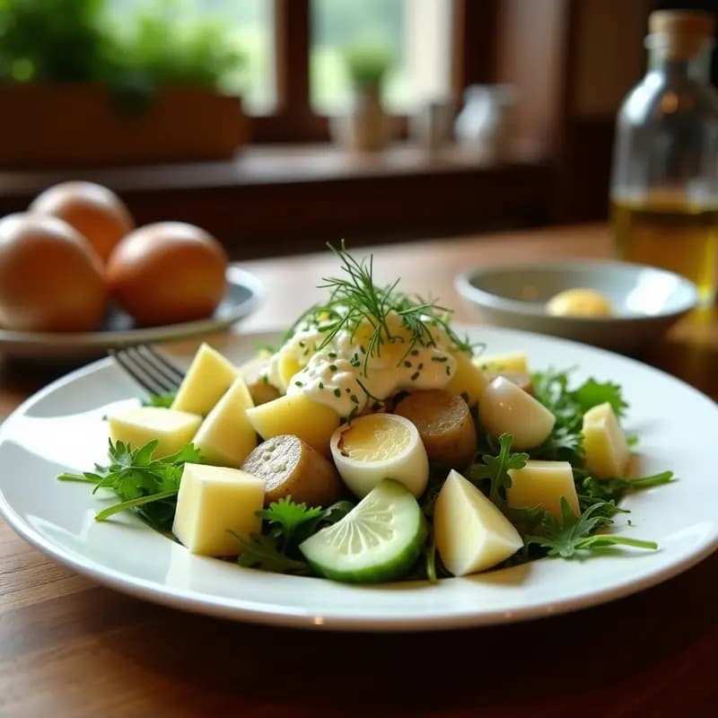 Ensalada Morgenstern alemana servida en un plato blanco sobre lecho de rúcula, con patatas en cubos, huevo duro en cuartos, manzana verde y pepino, bañada en salsa cremosa de yogur y aceite de trufa negra.
