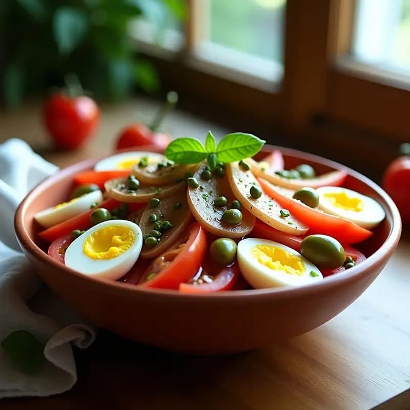 Ensalada morsega catalana en bol de barro con tomates, ventresca de bonito, cebolla morada, aceitunas, huevo duro y albahaca fresca, aliñada con aceite de oliva.